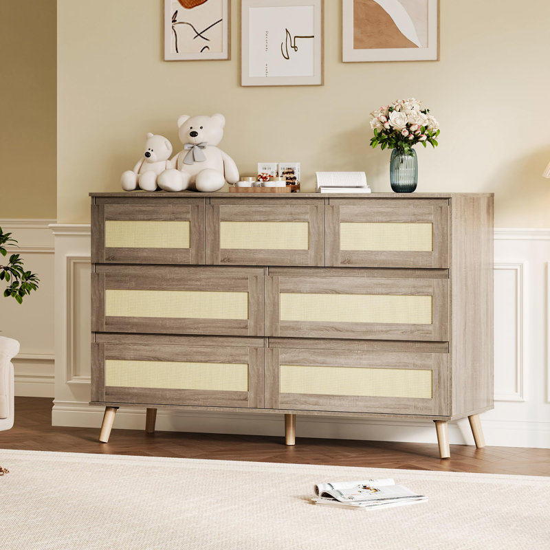 Rattan 7 Drawer Dresser, Large Wooden Chest with Deep Drawers & Wide Top