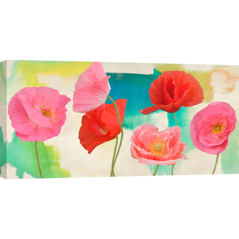 Poppies On Coloured Abstract Background by Teo Rizzardi - Wrapped Canvas Painting, 60cm H x 120cm W x 4cm D