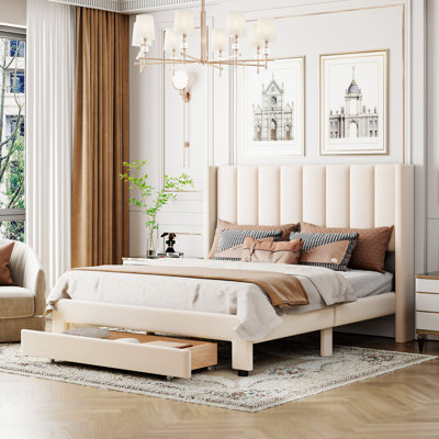 Queen Size Storage Bed Velvet Upholstered Platform Bed With A Big Drawer - Beige -  Everly Quinn, CC48C9F4DFE44718A6BE0CF57E16ABDA