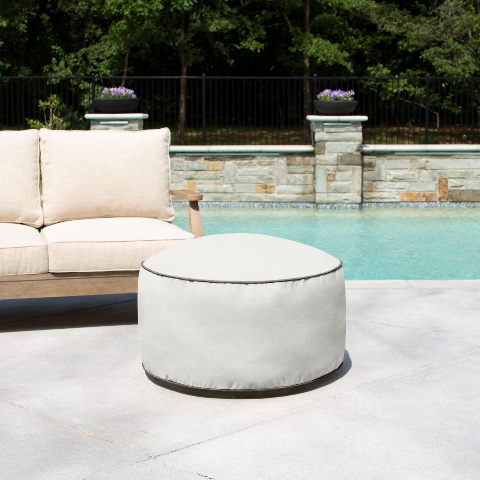 Demi Round Upholstered Outdoor Ottoman with Sunbrella® Cushion, Canvas Natural/Gray Sunbrella® Canvas