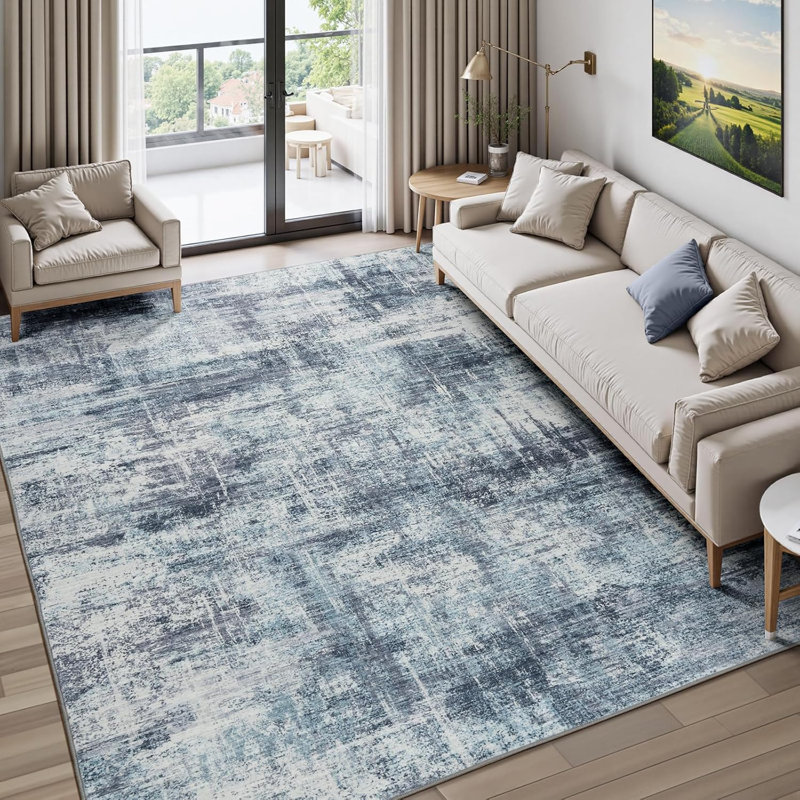 Tapis abstrait lavable moderne neutre 6 pi x 9 pi bleu, Rectangle 6 pi x 9 pi