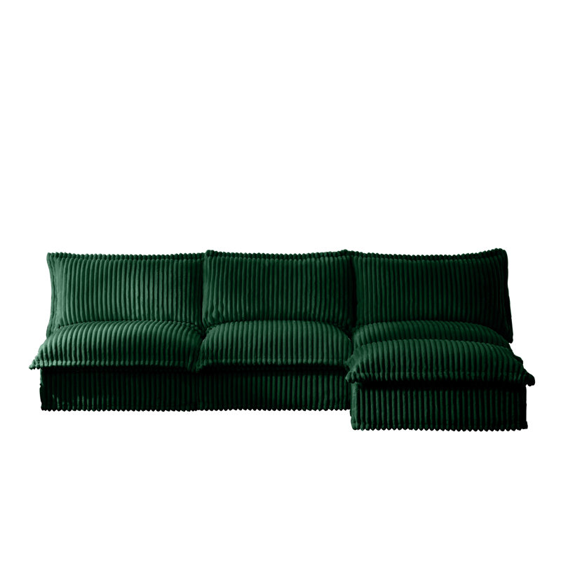 Brooks Modular Armless 3-Seater Sectional Sofa with Removable Ottoman, Velours côtelé vert