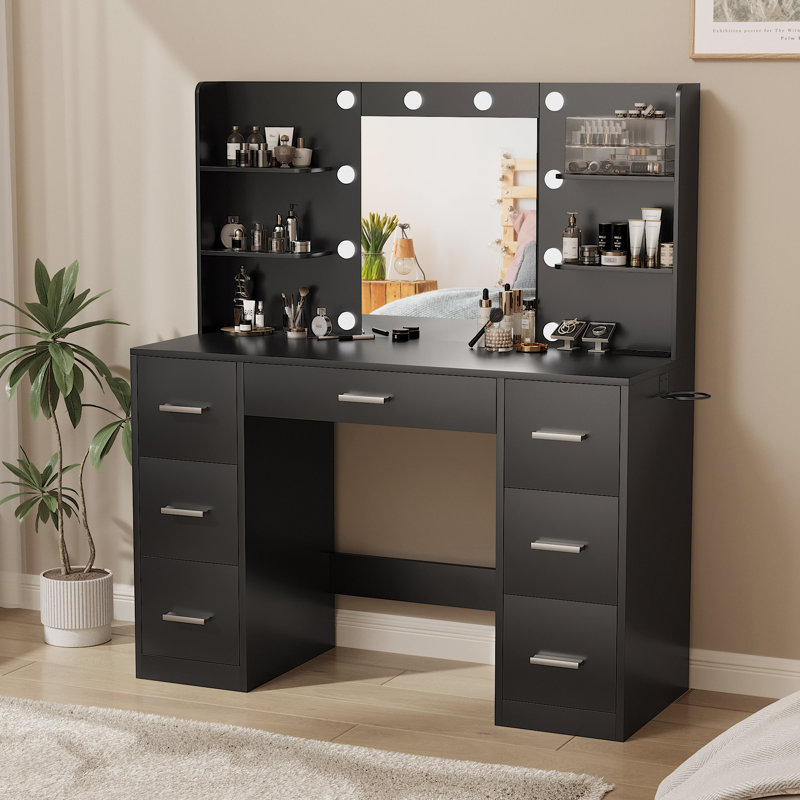 Makeup Vanity With Led Lighted Mirror And Built-In Power Supply, Black