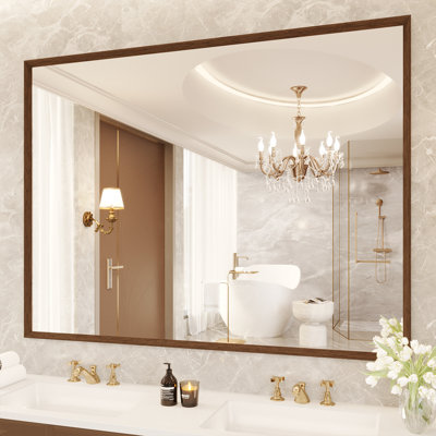 Walnut Wood Grain Framed Rectangle Bathroom Mirror, Wall Mounted Vanity Mirror with 4 MM Tempered Glass