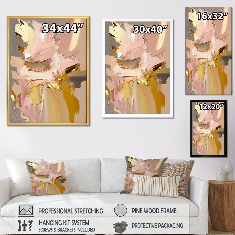 «Retro Pink and Vintage Gold Bliss - Abstract Collages», art mural, 32" H x 16" W, Cadre flottant brun