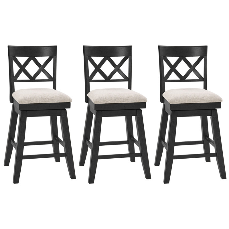 Modern Farmhouse Cross Back Upholstered Solid Wood Bar Stool, Black, 3