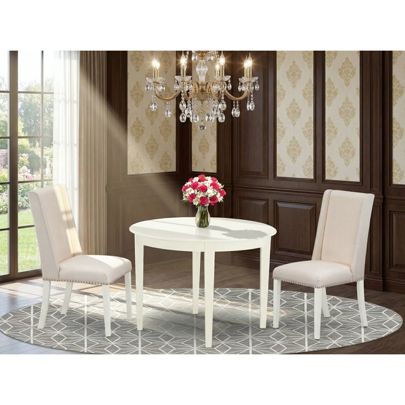 3 Piece Dining Room Table Set Contains a Round Kitchen Table and 2 Cream Linen Fabric Parsons Dining Chairs, Linen White