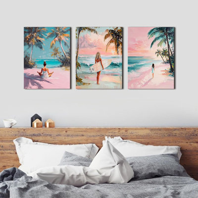 Rose, plage, art mural, BCBG, décoration murale côtière, surf, photos de filles, décoration de chambre rose pour les filles de l'océan tropical