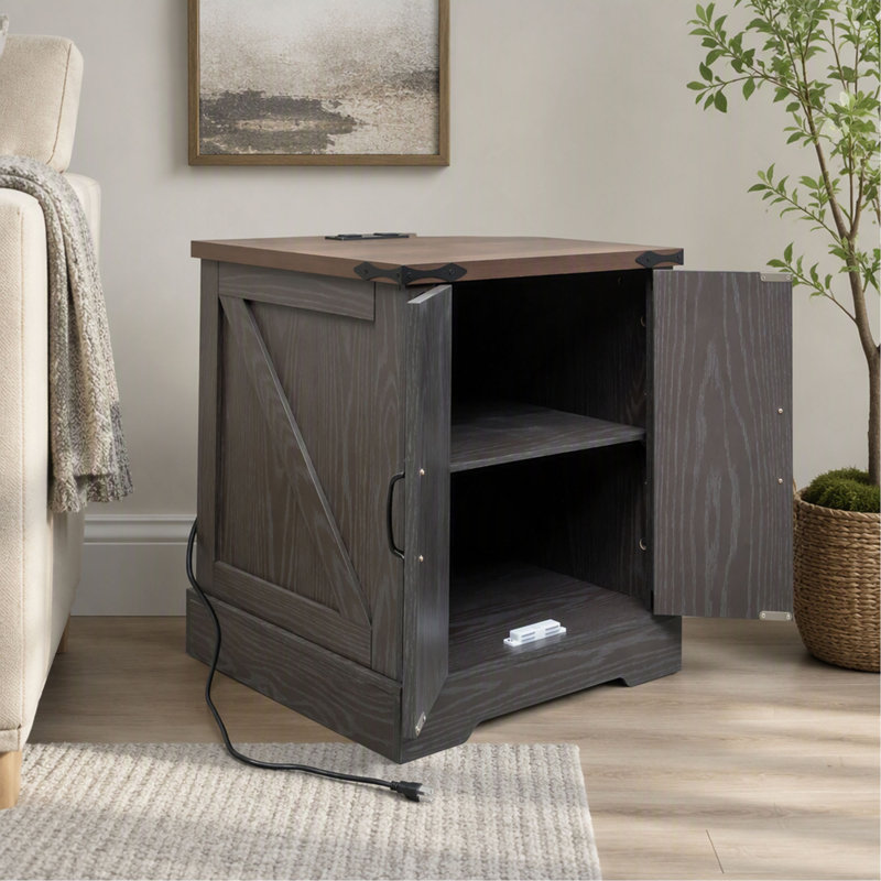 Table de bout avec capacité de charge - Tablette réglable de chambre à coucher en noyer gris et portes de grange côté rustique pour le salon