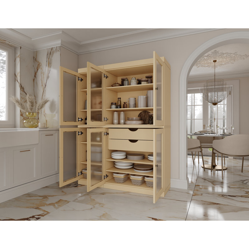 Garde-manger 100% bois massif 48,5 po avec portes en verre givré, 2 tiroirs et tablettes réglables, Jaune