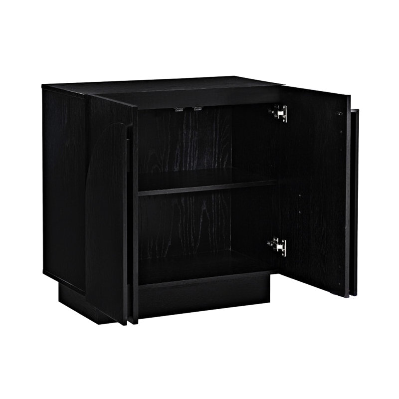 Noir, rangement de style moderne Mid-Century pour les espaces de vie, coins arqués, finition chêne, buffet facile à installer, armoire en bois, silhouette arrondie, cuisine idéale