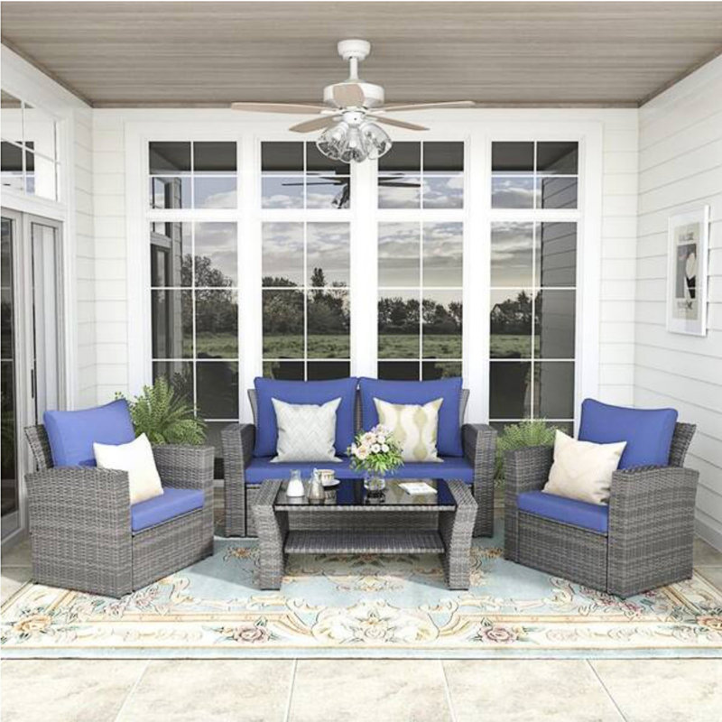 Ensemble de conversation de patio 4 pièces avec table et coussins en verre, Bleu