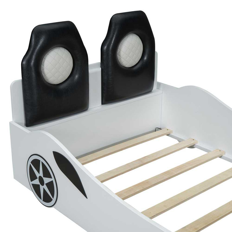 Wood Race Car-Shaped Platform Bed with LED and Upholstered Backrest, White
