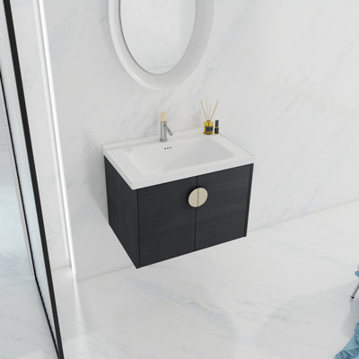Meuble-lavabo moderne de 28 po avec lavabo, fixation murale, couleur châtaignier noir, compact pour les petites salles de bain, grand rangement de 28 po, châtaignier, objet d'ameublement, armoire à 2 portes, lavabo en céramique, métal