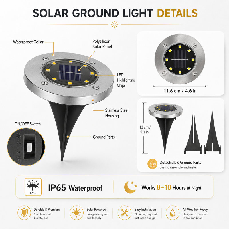 Éclairage solaire solaire pour allée de jardin 8 lumières à DEL, Blanc