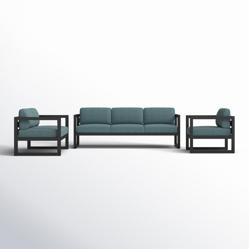 Avion 3 Piece Sofa Loveseat Set, Cast Lagoon Sunbrella® Plainweave, Black