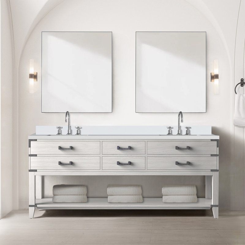 Meuble-lavabo double en chêne blanc 80 po X P 22 po D, dessus en quartz blanc et ensemble de robinet