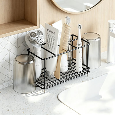 Carbon Steel Bathroom Toothbrush Holder With Multiple Compartments, Dual Hooks, And Non-Slip Base - Electric Toothbrush And Toothpaste Organizer For Countertop, Shower, Or Sink