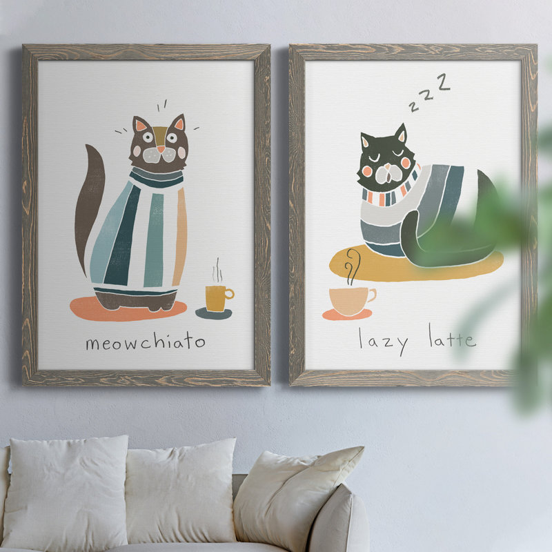 Coffee Cats I - ensemble de 2 reproductions d'art textuel sur toile, H 43,5 po x l 31,5 po x P 1 po, Toile avec cadre gris