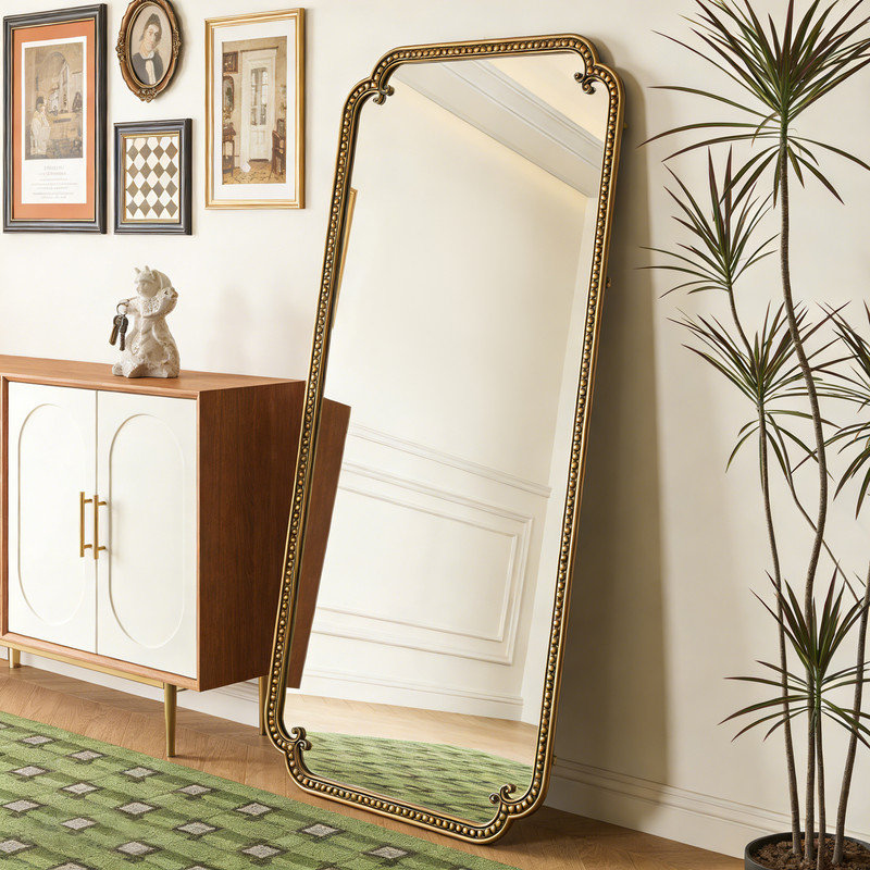 Antique Mirror 70.1"x31.9" Full Length Mirror with Stand Antique Gold, Floor Standing Large Mirror Cast Iron Frame, Wall Mounted Dressing Mirror Modern Vintage Bedroom Living Room