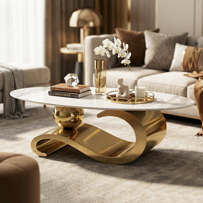 51" Luxury Oval Coffee Table with Base and Sintered Stone Top - Musical Note Shaped Base, Gold