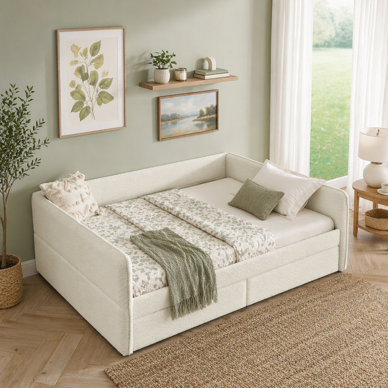 Queen Siz Daybed with Two Drawers, Beige