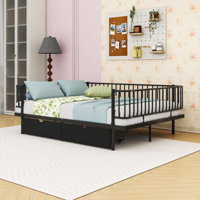 Metal Platform Bed with Storage Drawers and Guardrails