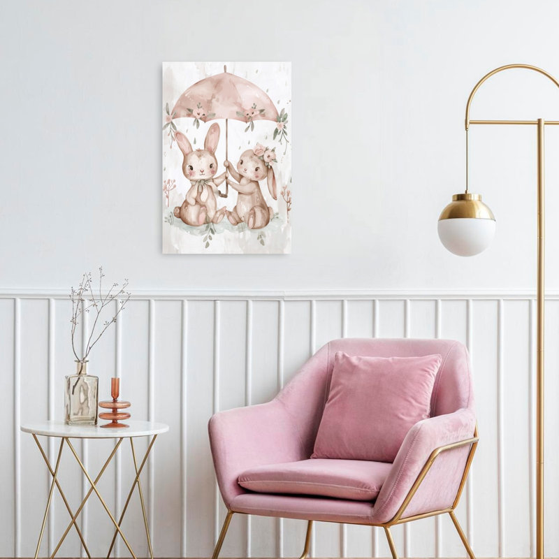 Cute Bunnies Under Umbrella Abstract Contemporary Rabbit Forest Landscape Wall Art Print by Mathieu - Wrapped Canvas Print