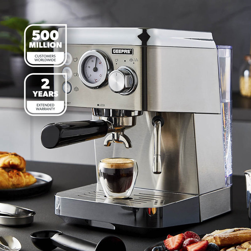 Geepas 1140W Espresso & Cappuccino Coffee Machine & 200W Coffee Grinder Combo Set - Milk Frother, Electric Wet & Dry Food Processor