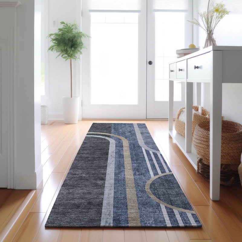 Premium Machine Washable Cerrito AMF532 Navy Rug, Runner 2'3" x 7'6"