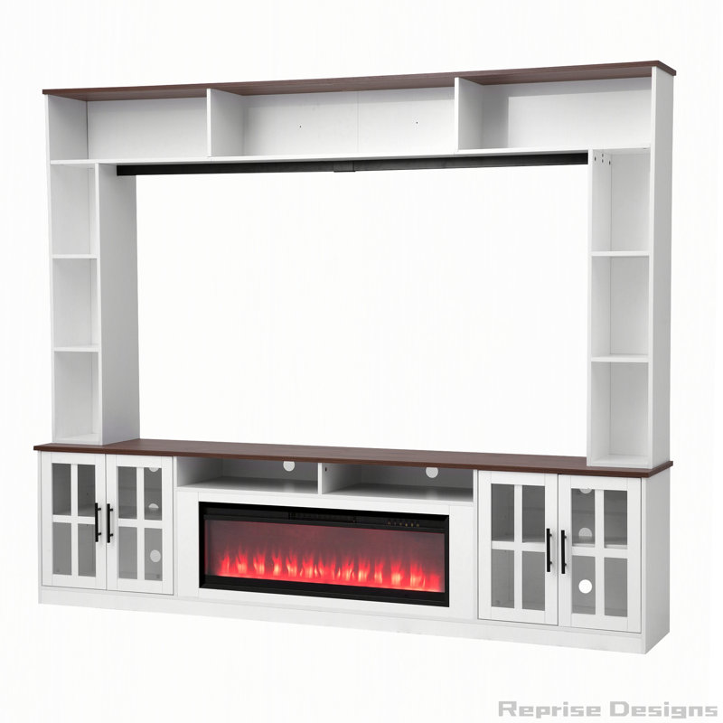 Meuble audio-vidéo 95,5 po avec foyer électrique et tablettes pour téléviseur de 80 po ou moins, Blanc + noyer
