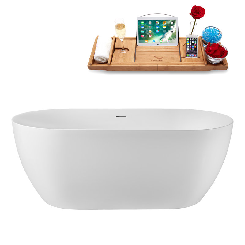 59" Streamline Soaking Glossy White Freestanding Tub and Tray With Internal Drain, Matte Oil Rubbed Bronze