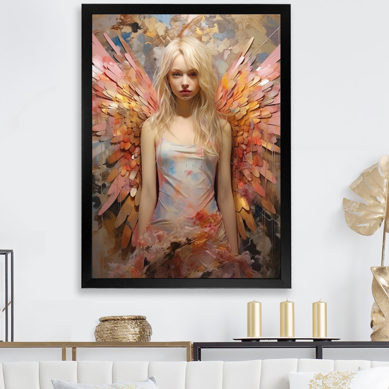 «Pink Butterfly Woman Glam», art mural glam, Cadre simple noir, H 44 po x l 34 po x P 1,5 po