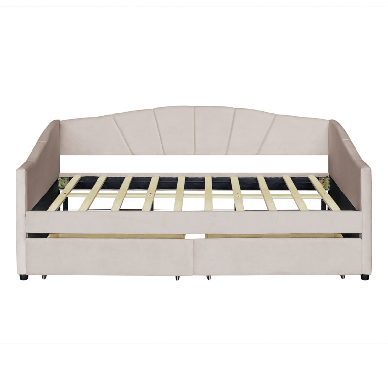 Upholstered Daybed With Two Drawers And Wood Slat, Beige