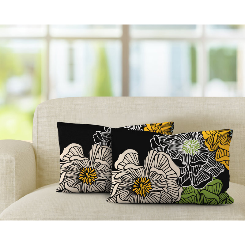 Floral Outdoor Reversible Throw Pillow, Black