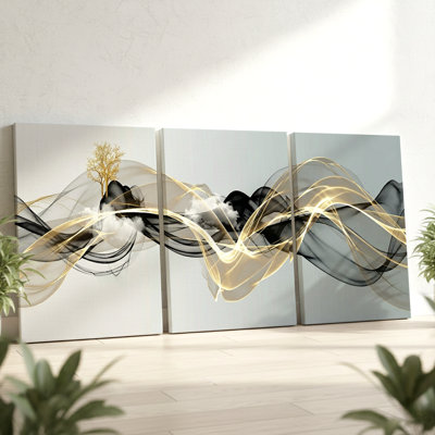 3 Pieces Modern Abstract Flowing Lines Large Wall Art in Black and Gold, Three Pieces Wall Art for Living Room, Bedroom, and Office Decor, Framed Look
