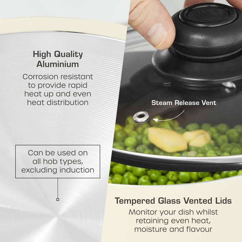 Swan Townhouse 14 Piece Aluminium Cookware and Tool Set with 16/18/20cm saucepans with Glass Lids and 20/26cm Frying Pans