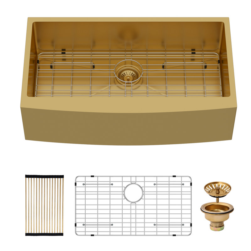 36"L x 21"W x 10"H 304 Stainless Steel Single Bowl Farmhouse Kitchen Sink with Bottom Grid Roll up Rack and Drain, Gold
