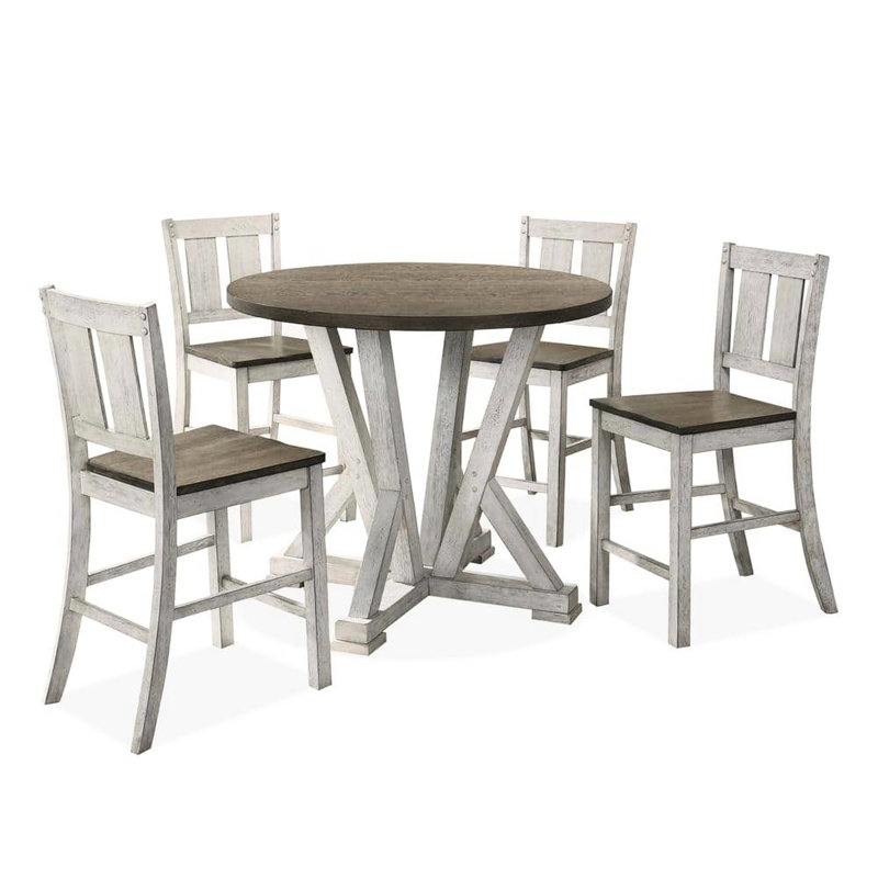 Table de salle à manger à hauteur de comptoir de style rustique 5 pièces, blanc antique et brun cendré, table en bois massif et 4 chaises, blanc chaud / brun cendré