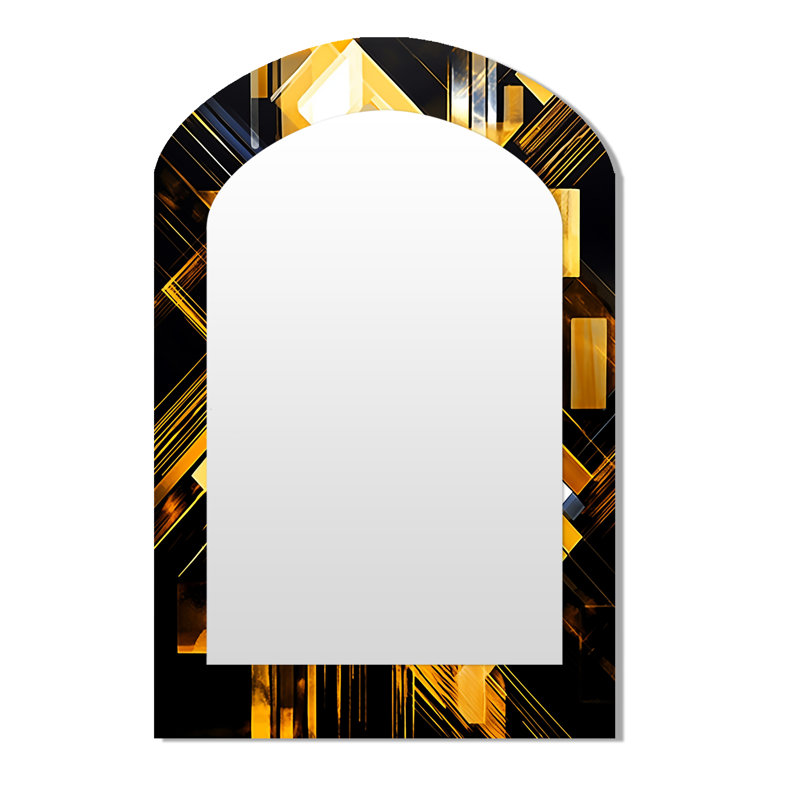 Art Nouveau Vibrant Sunrise - Geometric Arch Mirror, Gold Asymmetrical Unique Wall Mirror, Printed Metal Art, 43" x 33"