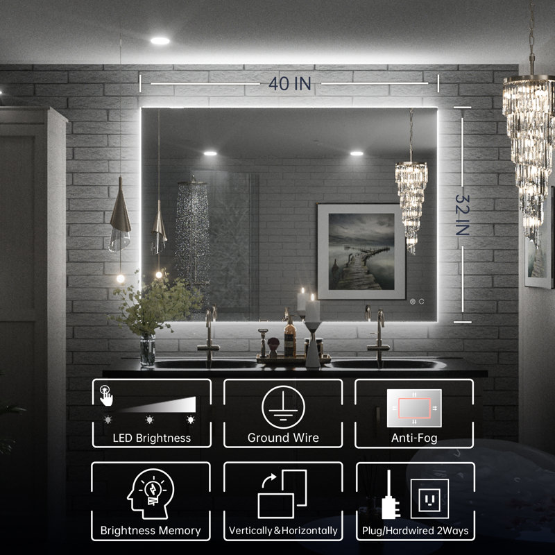 Adorna LED Backlit Frameless Lighted Bathroom Wall Mirror/Vanity Mirror w/ Brightness Adjust, 32" x 40"