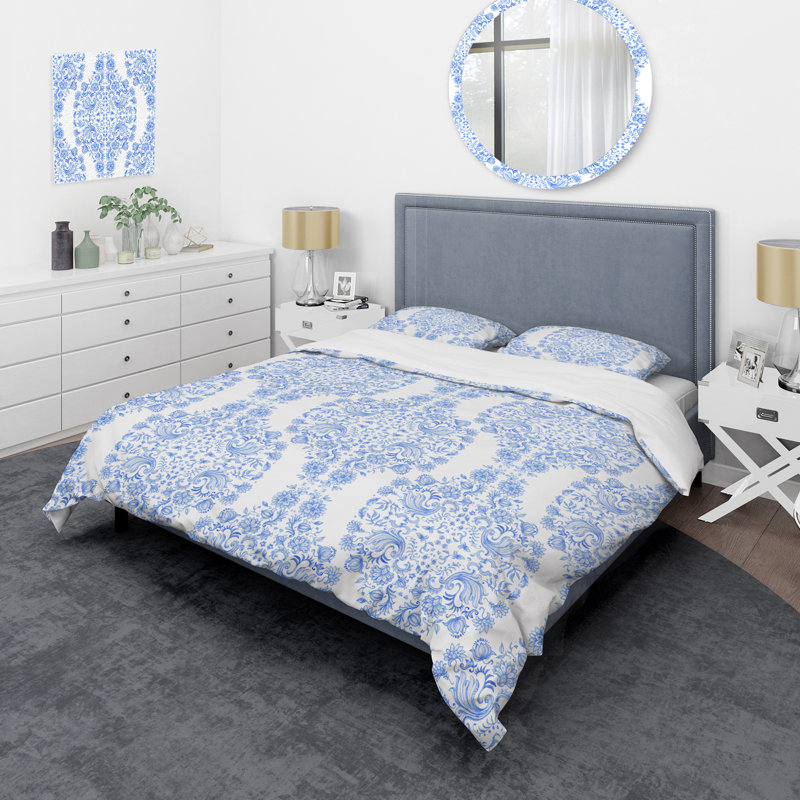 Blue Damask I - Ensemble de housse de couette à motif abstrait - Microfibre de polyester