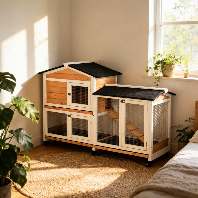Cage pour animaux, clapier mobile en bois, Noir / blanc / jaune
