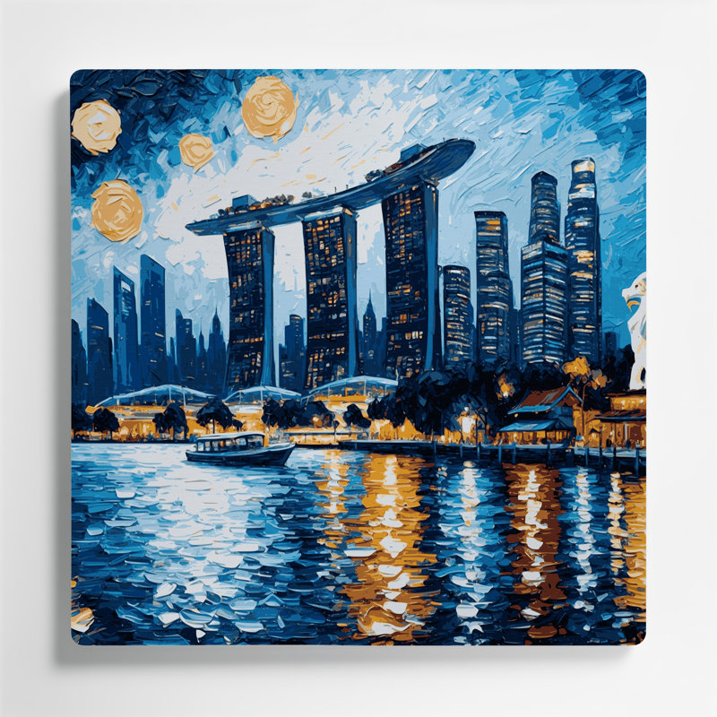 Art mural bleu en cités avec villes de singapour, H 12 po x l 12 po