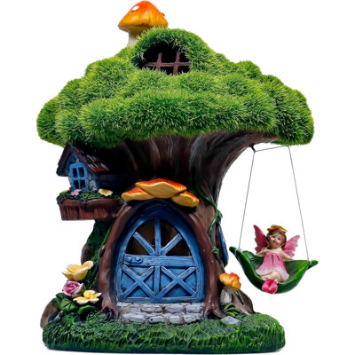  Statues d'extérieur Fairy House avec lumière solaire pour décoration de jardin, chalet d'extérieur en résine mousse verte avec fée pivotante, cadeaux de décoration de jardin pour maman, 8 po