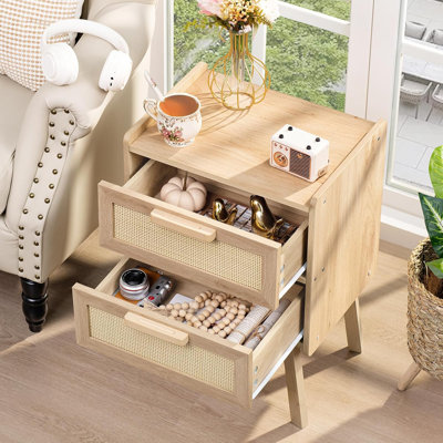 Rattan Nightstand Set Of 2, Boho Bedside Table With 2 Drawers, Cane Accent Design, Solid Wood Legs For Bedroom, Dorm, And Small Spaces