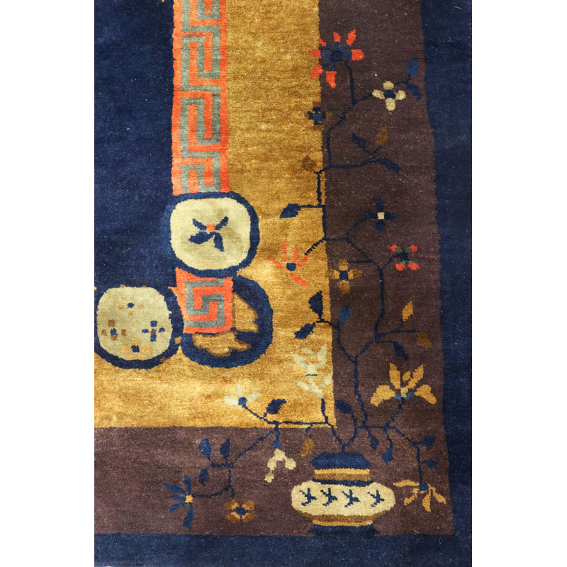 Tapis unique bleu marine / or / brun des années 30 de 9 pi 2 po x 12 pi 2 po Peking
