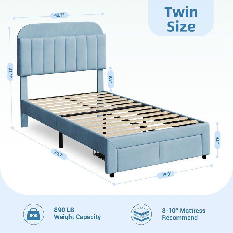 Upholstered Platform Bed With Large Storage Drawer And Bookcase Headboard, Twin, Blue