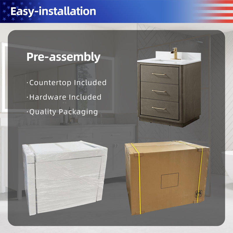 30" Free Standing Single Bathroom Vanity with Quartz Top, Gray