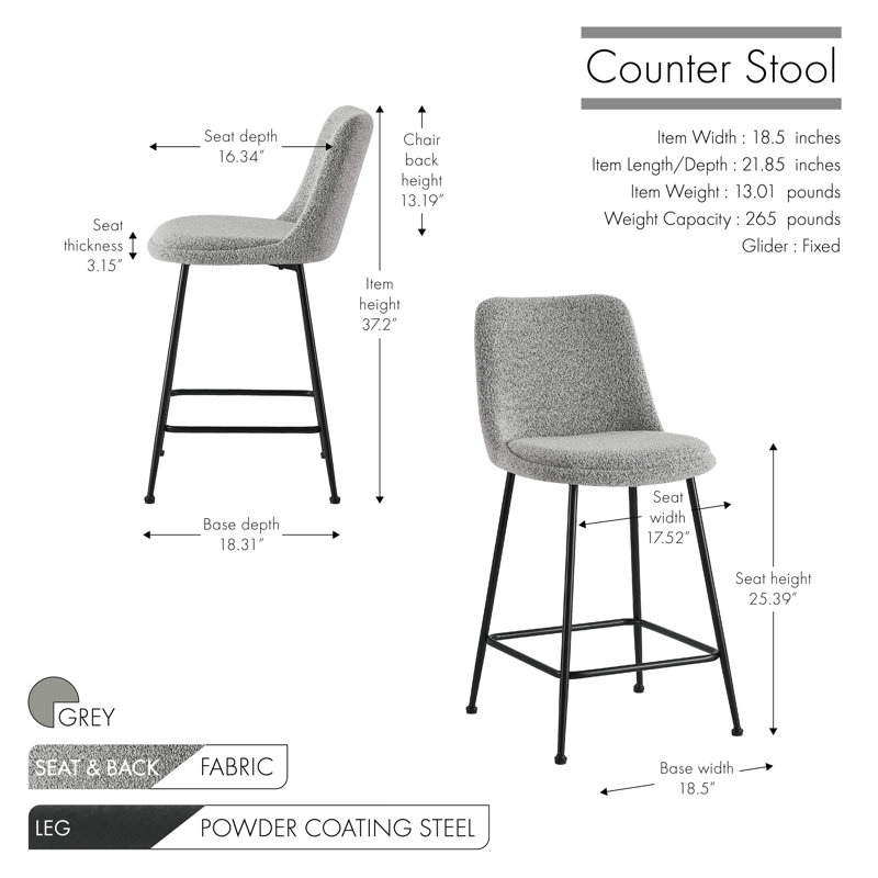 Citlali Fabric Counter Stools with Steel Legs, Grey